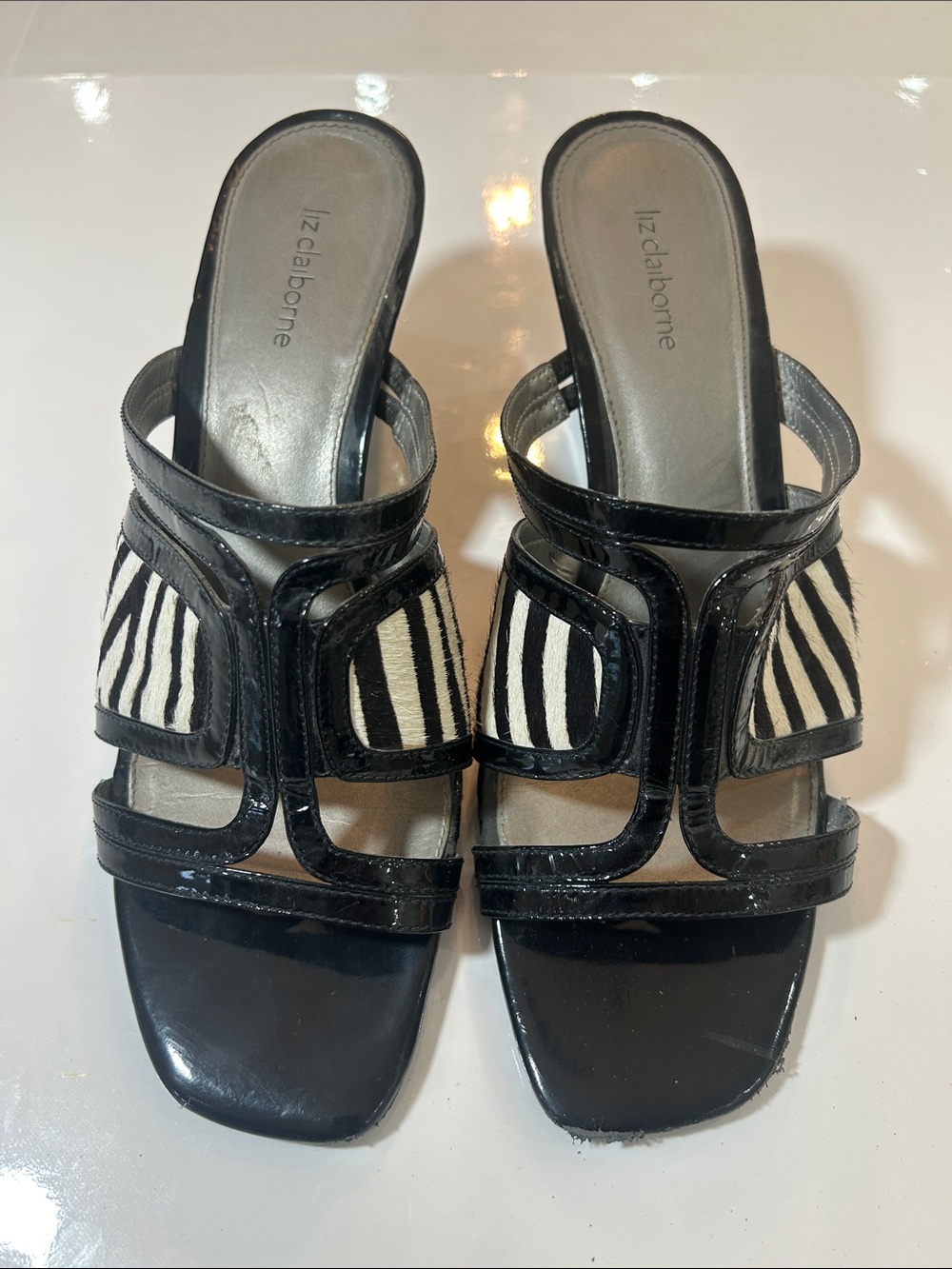 Liz Claiborne Black Patent Slides with Zebra Print